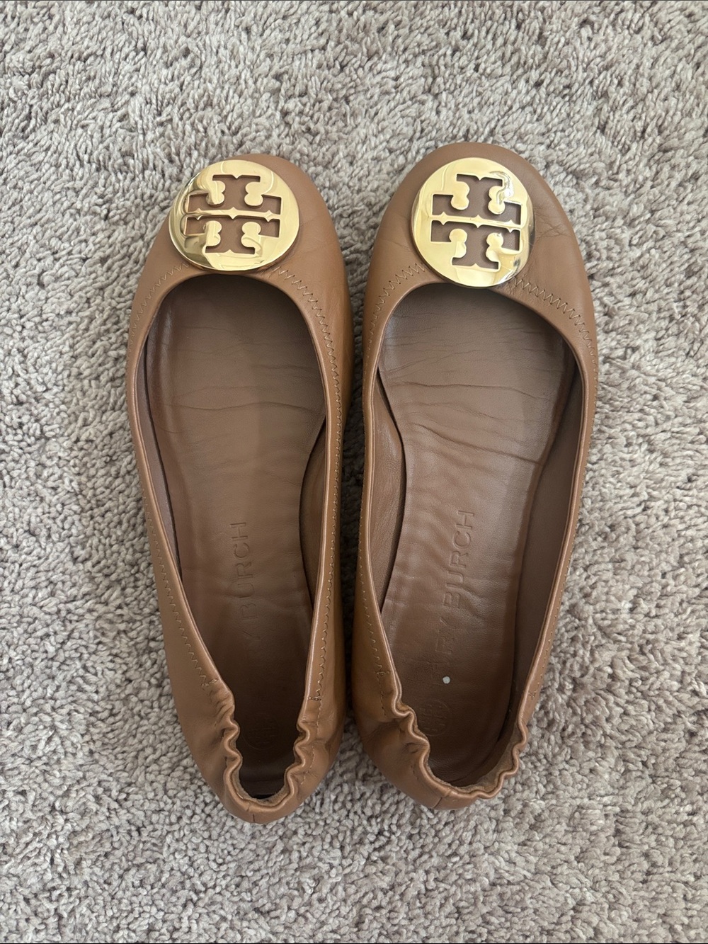 Tory Burch Cognac Leather Logo Ballet Flats